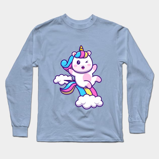 Cute Unicorn - Rainbow and Clouds Long Sleeve T-Shirt by info@dopositive.co.uk